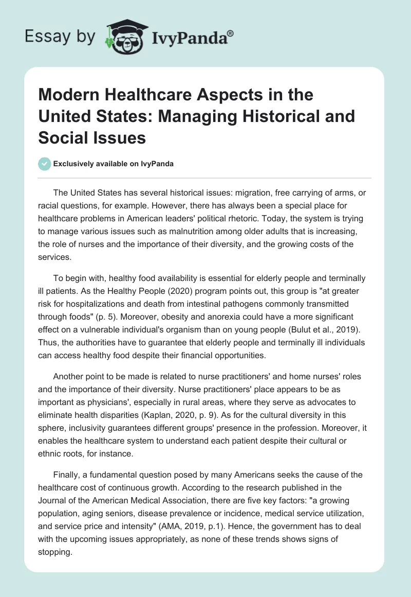 Modern Healthcare Aspects in the United States: Managing Historical and Social Issues. Page 1