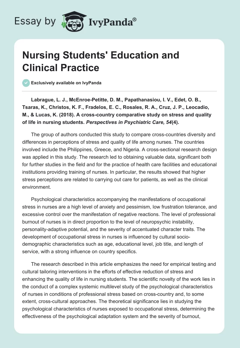 Nursing Students' Education and Clinical Practice. Page 1