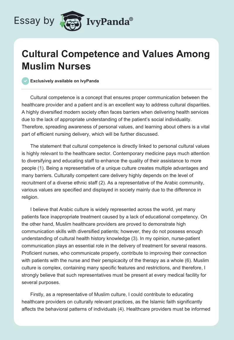 Cultural Competence and Values Among Muslim Nurses. Page 1