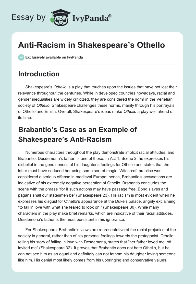 Anti-Racism in Shakespeare’s Othello. Page 1