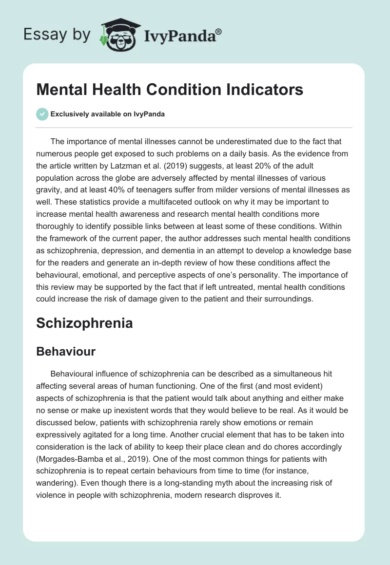 Mental Health Condition Indicators. Page 1