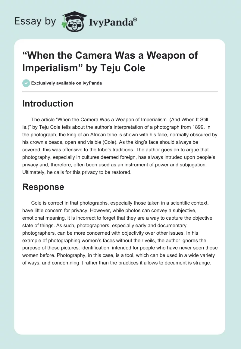 “When the Camera Was a Weapon of Imperialism” by Teju Cole. Page 1