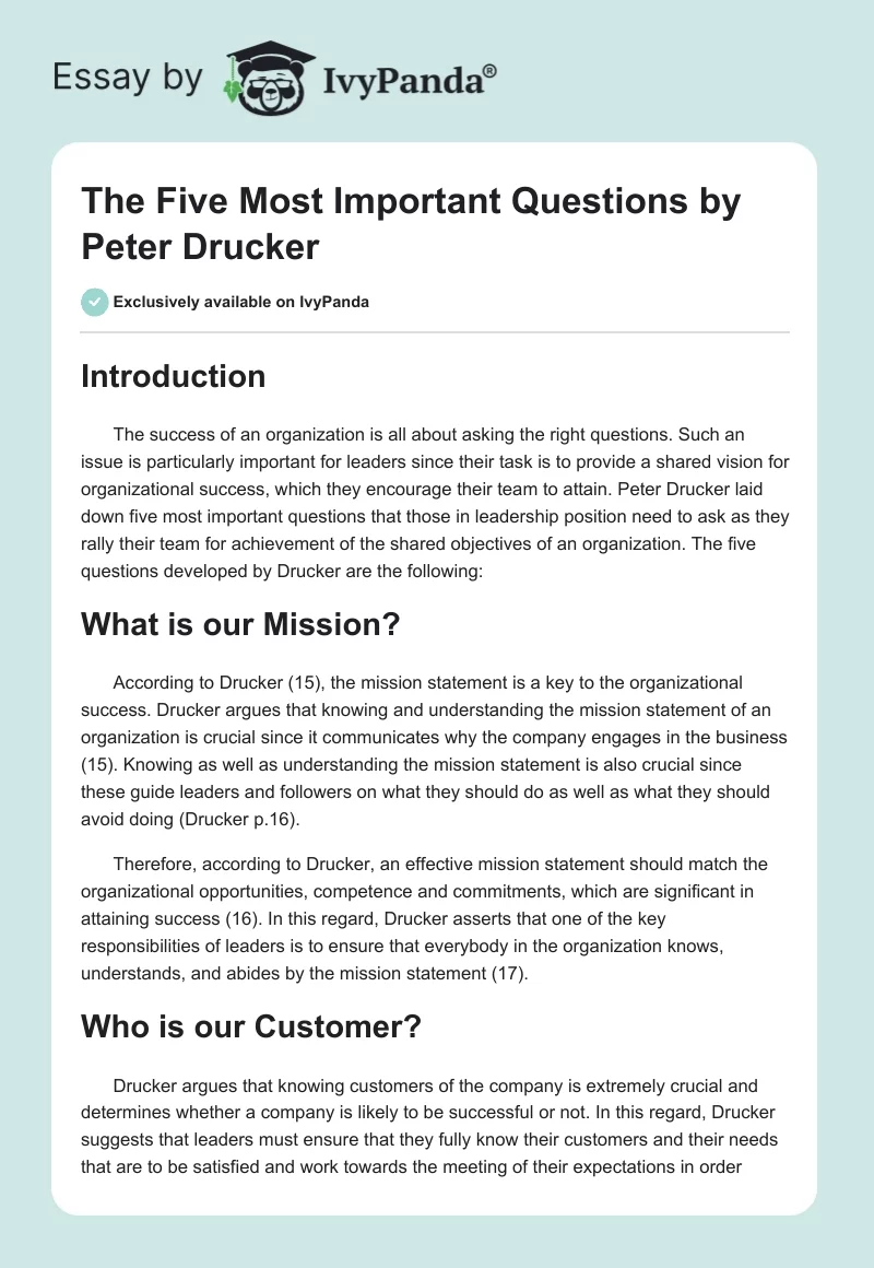 The Five Most Important Questions by Peter Drucker. Page 1