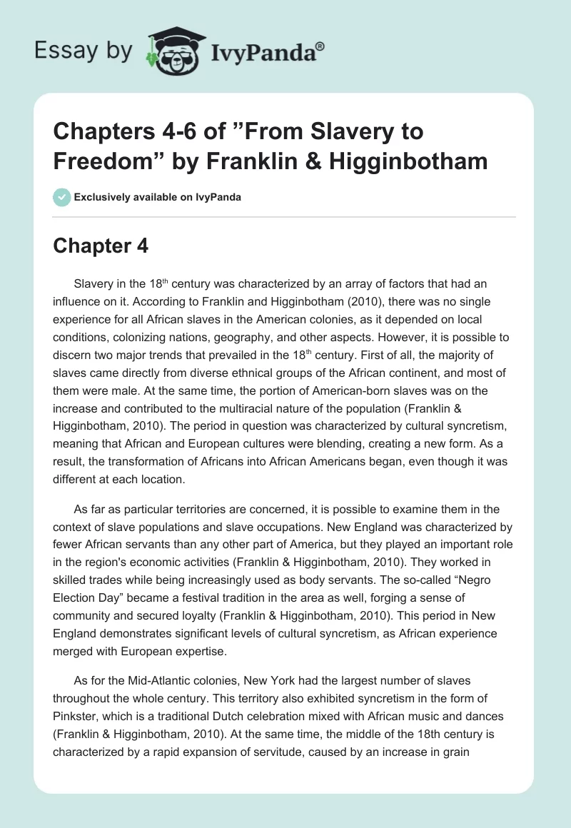 Chapters 4-6 of ”From Slavery to Freedom” by Franklin & Higginbotham. Page 1