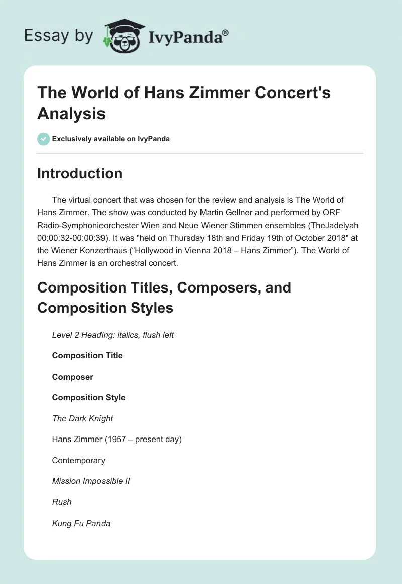 The World of Hans Zimmer Concert's Analysis. Page 1