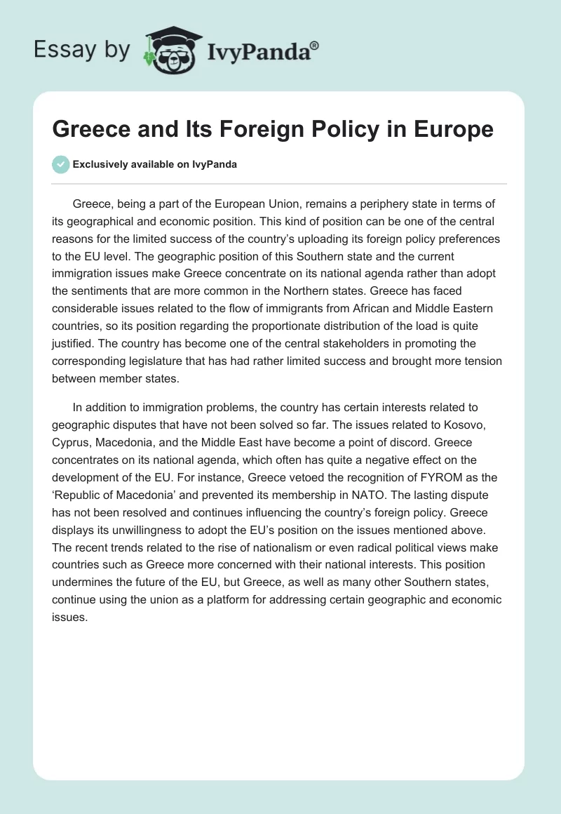 Greece and Its Foreign Policy in Europe. Page 1