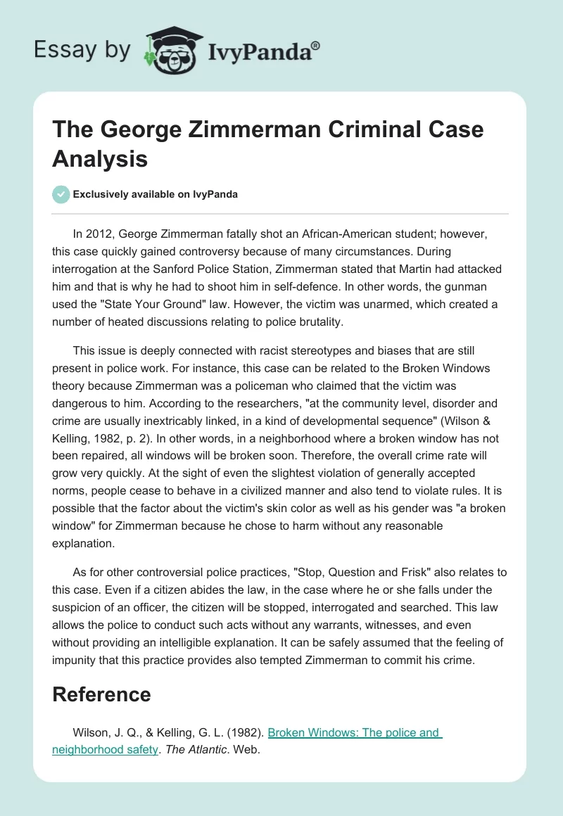 The George Zimmerman Criminal Case Analysis. Page 1