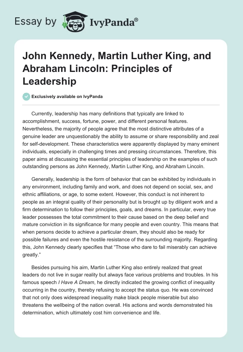 John Kennedy, Martin Luther King, and Abraham Lincoln: Principles of Leadership. Page 1