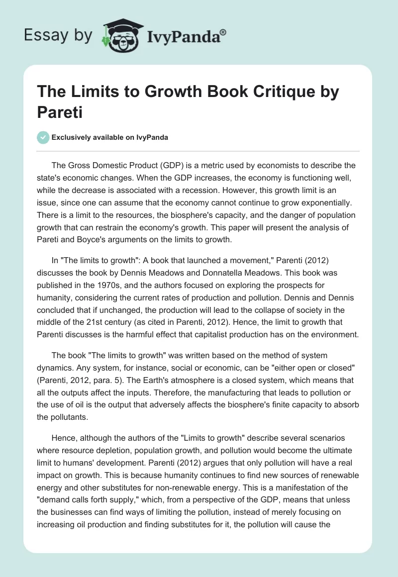 "The Limits to Growth" Book Critique by Pareti. Page 1