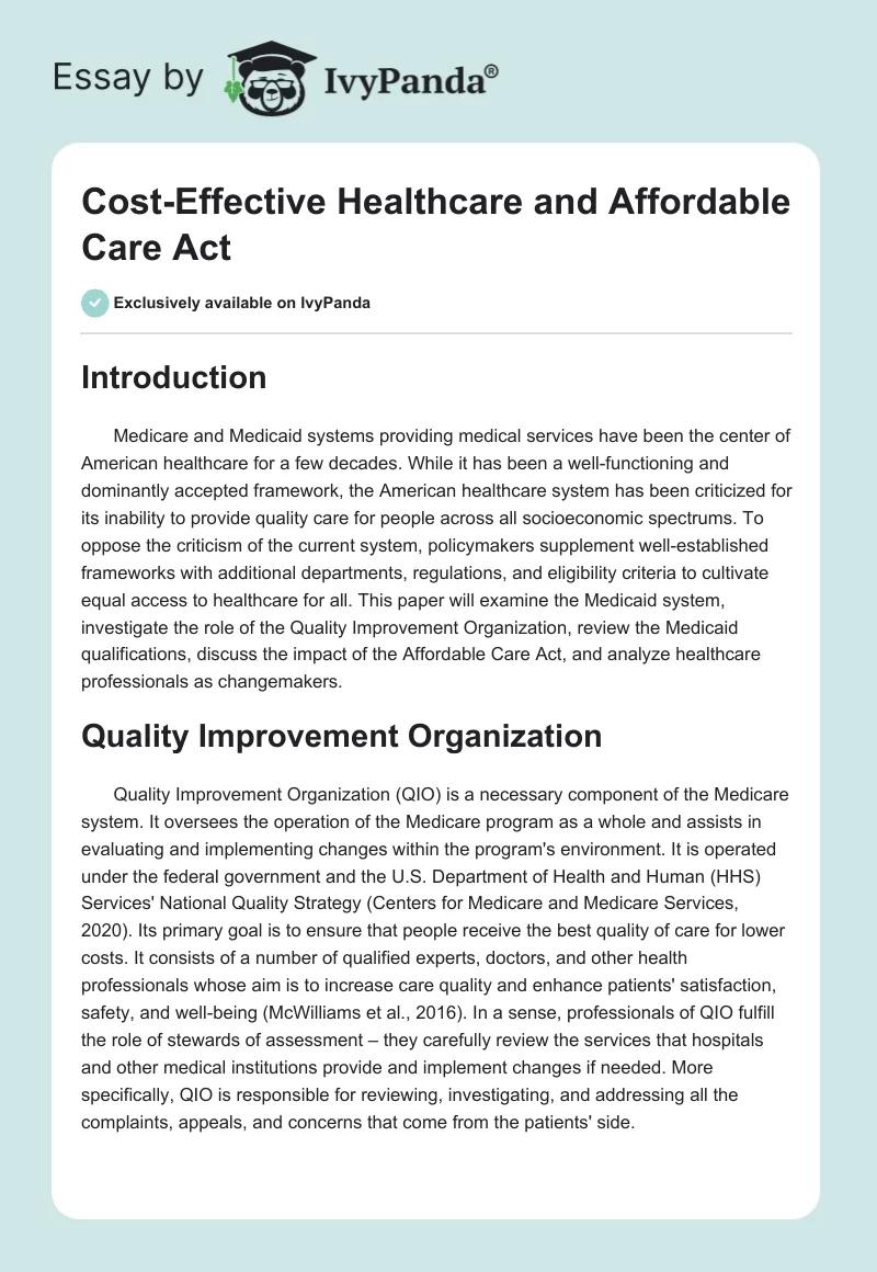 Cost-Effective Healthcare and Affordable Care Act. Page 1