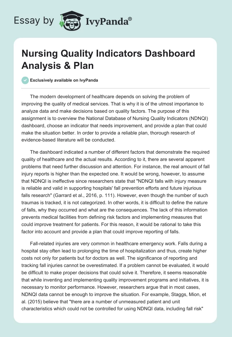 Nursing Quality Indicators Dashboard Analysis & Plan. Page 1