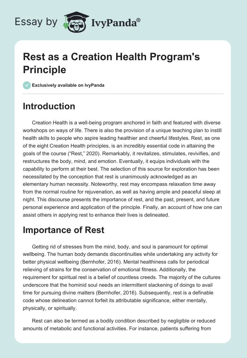 Rest as a Creation Health Program's Principle. Page 1