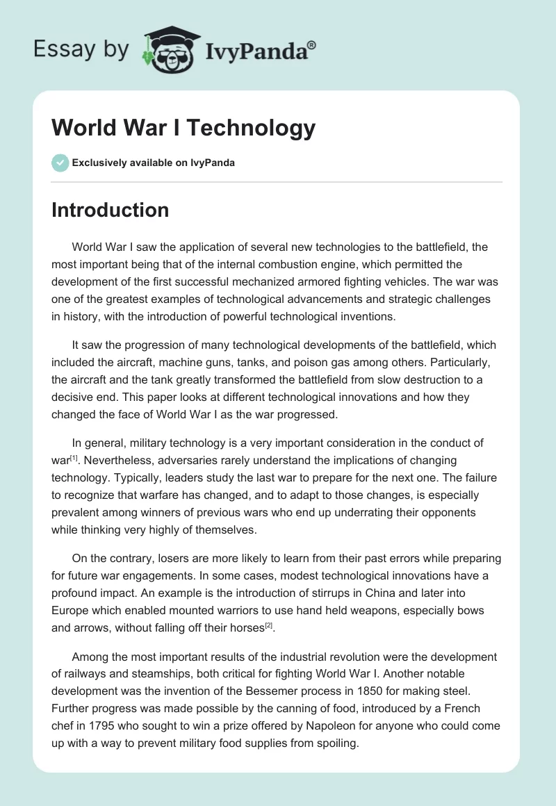 World War I Technology. Page 1