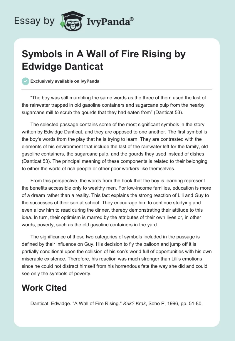 Symbols in "A Wall of Fire Rising" by Edwidge Danticat. Page 1