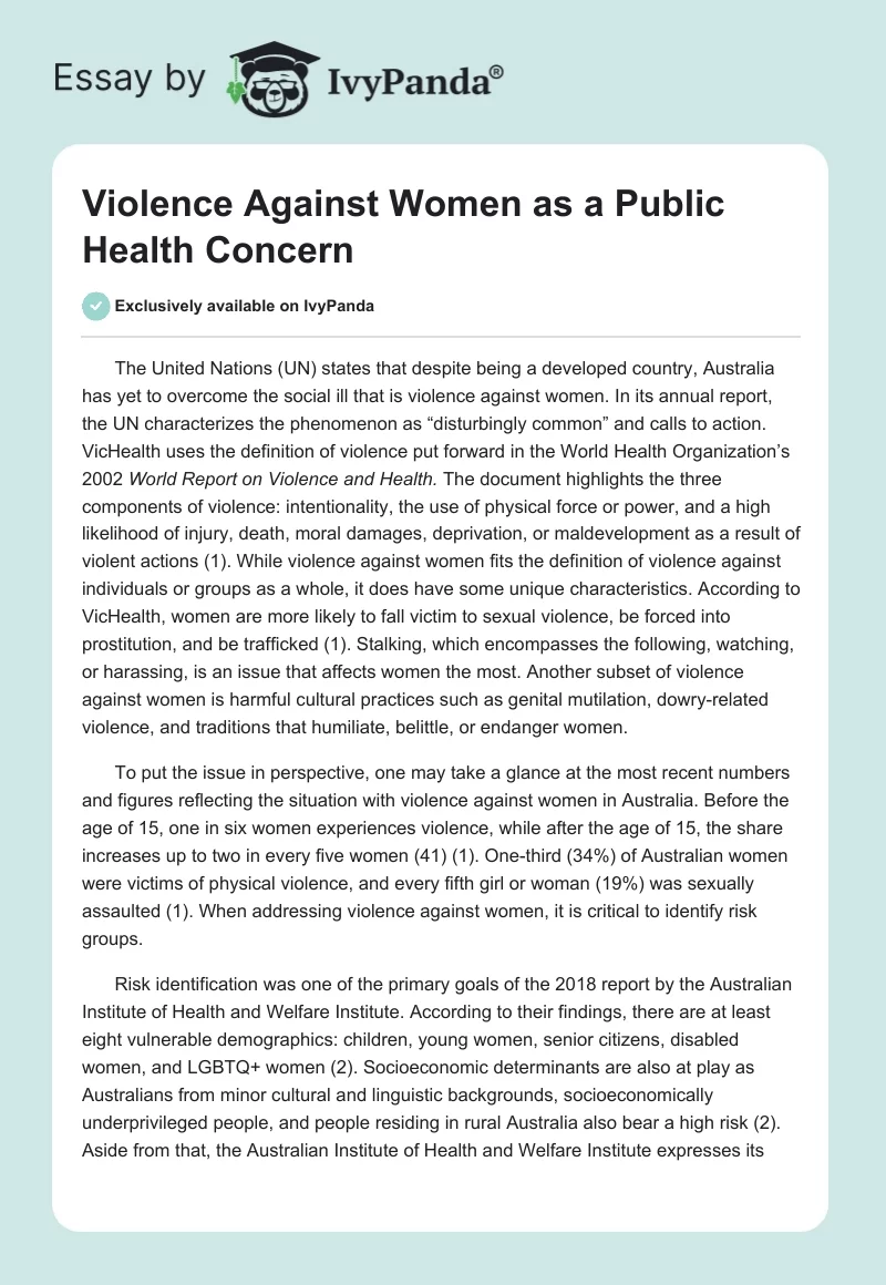 Violence Against Women as a Public Health Concern. Page 1