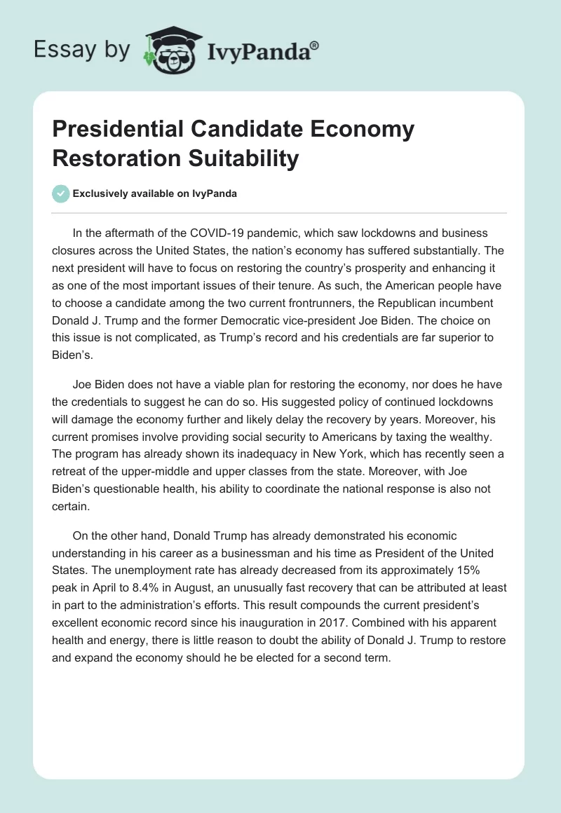 Presidential Candidate Economy Restoration Suitability. Page 1