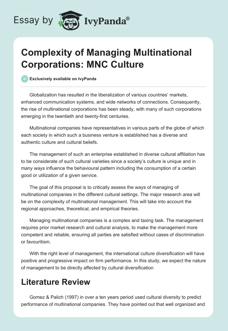 Complexity of Managing Multinational Corporations: MNC Culture. Page 1