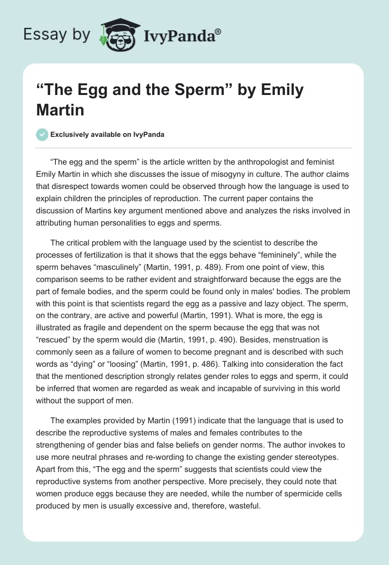 “The Egg and the Sperm” by Emily Martin. Page 1