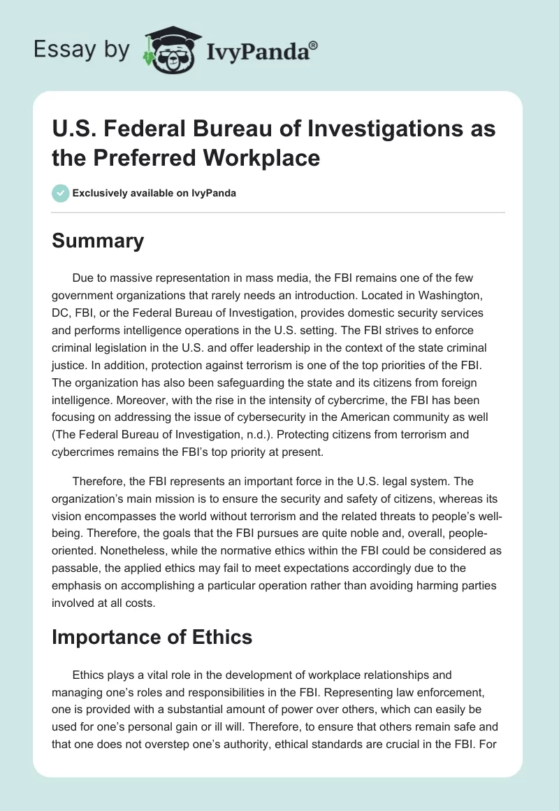 U.S. Federal Bureau of Investigations as the Preferred Workplace. Page 1