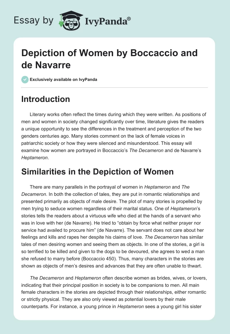 Depiction of Women by Boccaccio and de Navarre. Page 1
