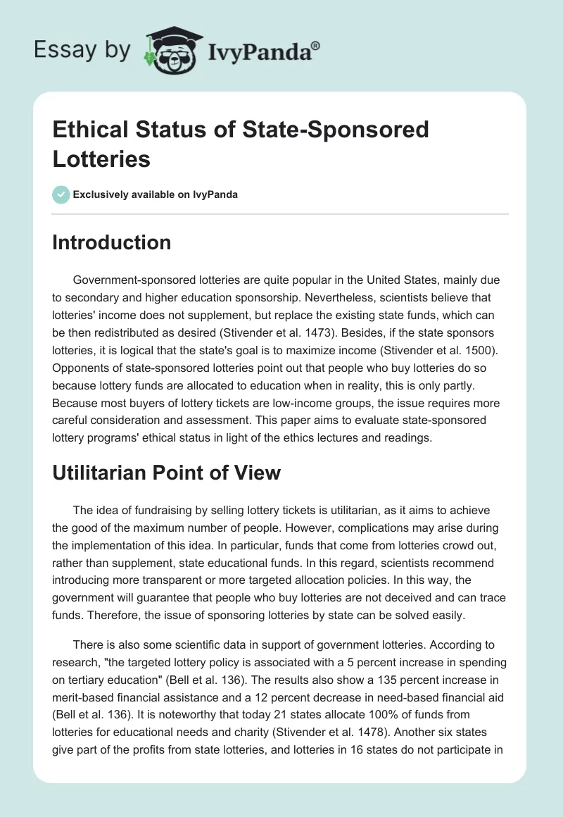 Ethical Status of State-Sponsored Lotteries. Page 1