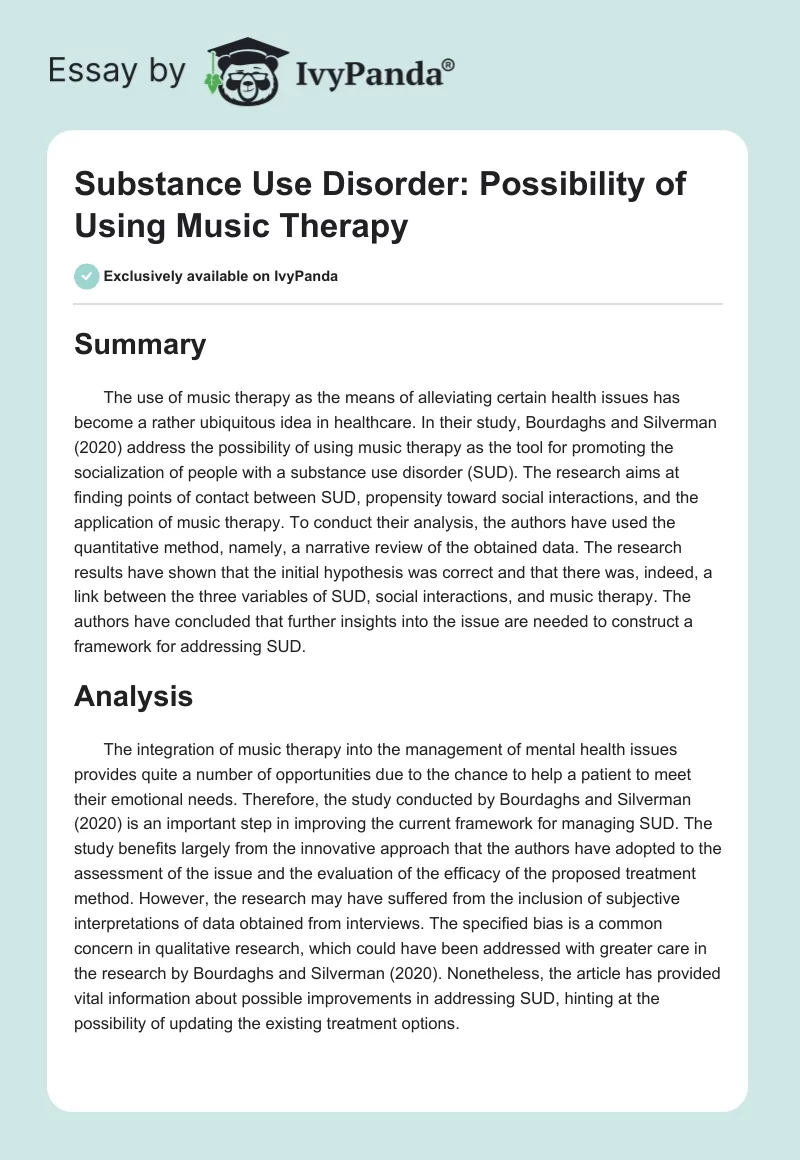 Substance Use Disorder: Possibility of Using Music Therapy. Page 1