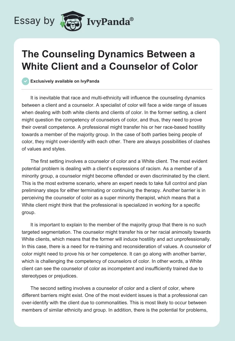 The Counseling Dynamics Between a White Client and a Counselor of Color. Page 1