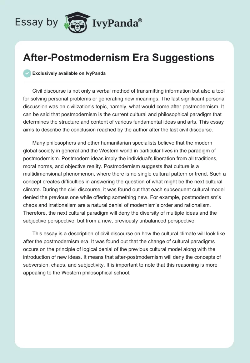 After-Postmodernism Era Suggestions. Page 1