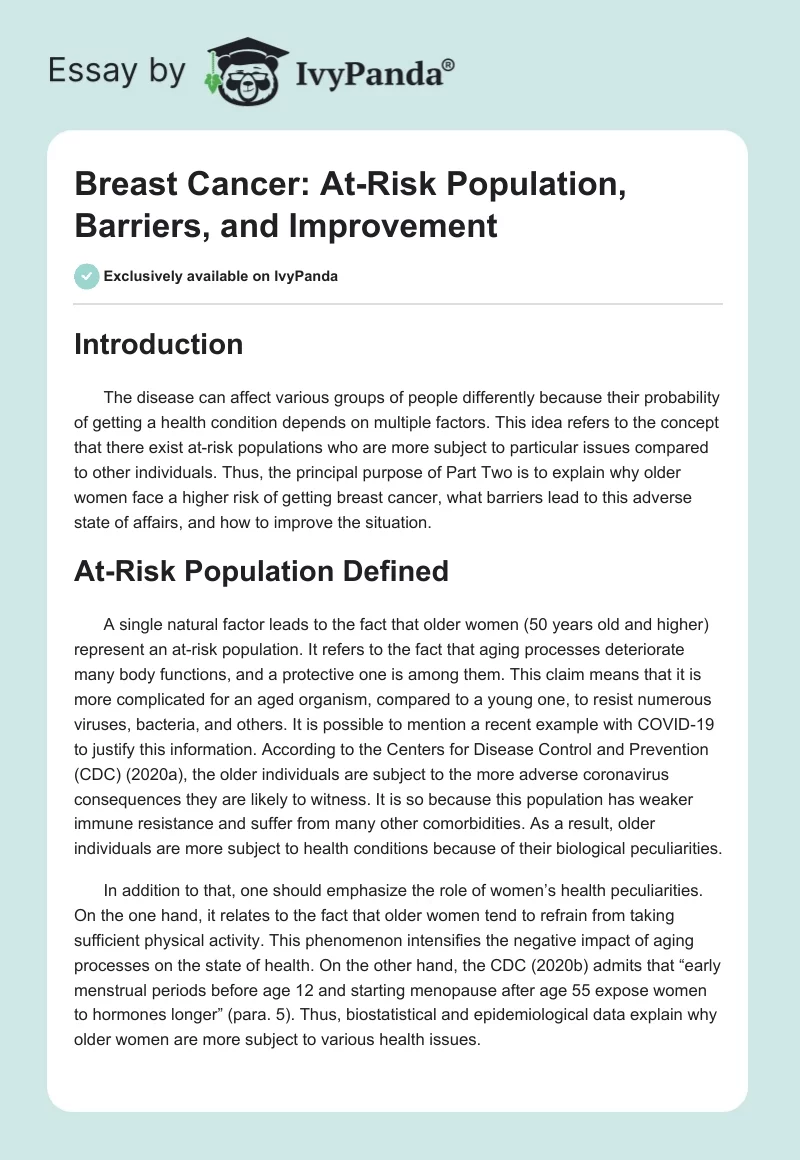 Breast Cancer: At-Risk Population, Barriers, and Improvement. Page 1