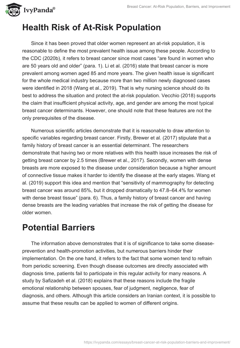 Breast Cancer: At-Risk Population, Barriers, and Improvement. Page 2
