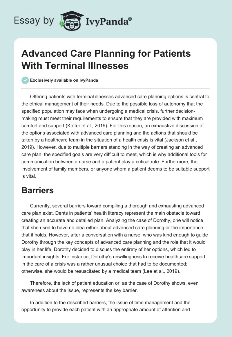 Advanced Care Planning for Patients With Terminal Illnesses. Page 1
