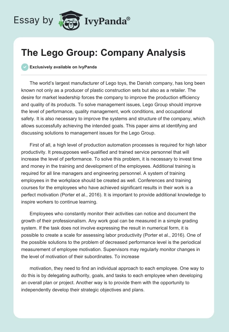 The Lego Group: Company Analysis. Page 1