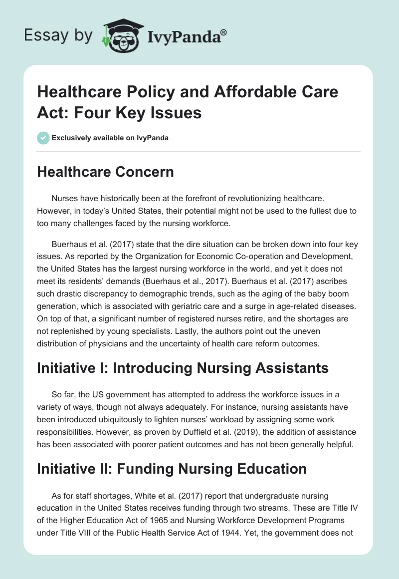 Healthcare Policy and Affordable Care Act: Four Key Issues. Page 1