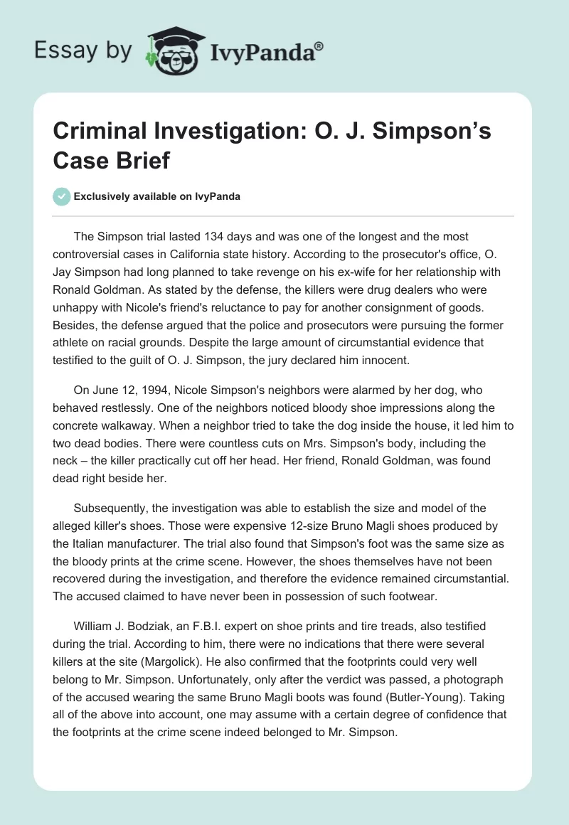 Criminal Investigation: O. J. Simpson’s Case Brief. Page 1