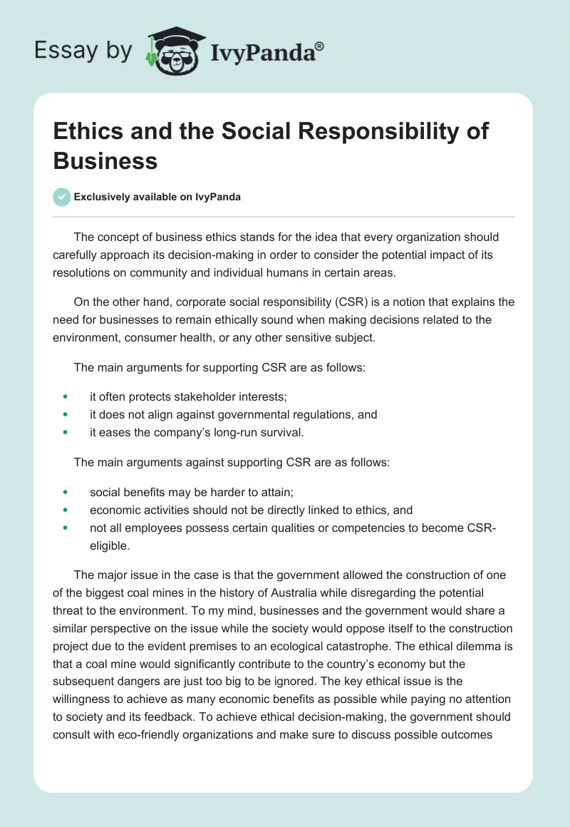 Ethics and the Social Responsibility of Business. Page 1