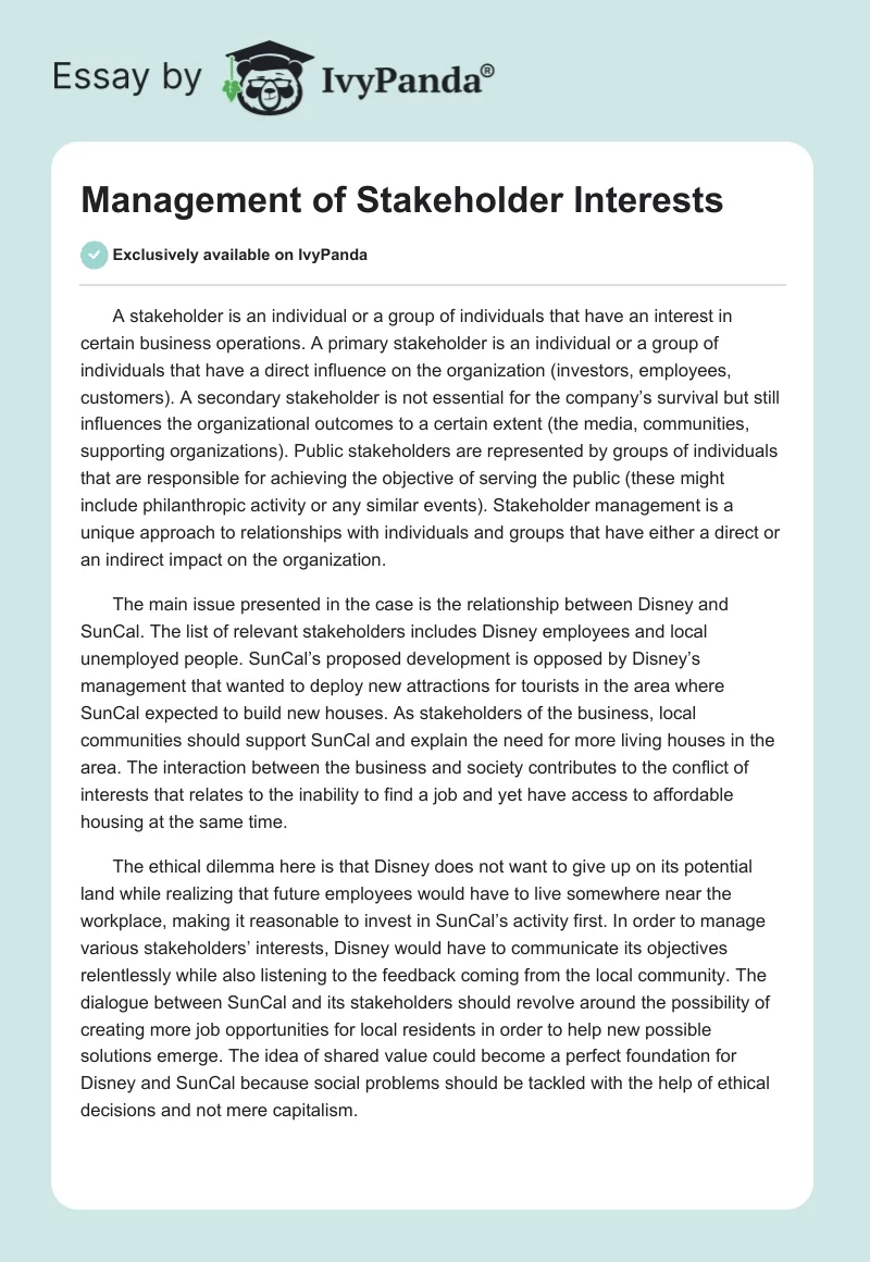 Management of Stakeholder Interests. Page 1