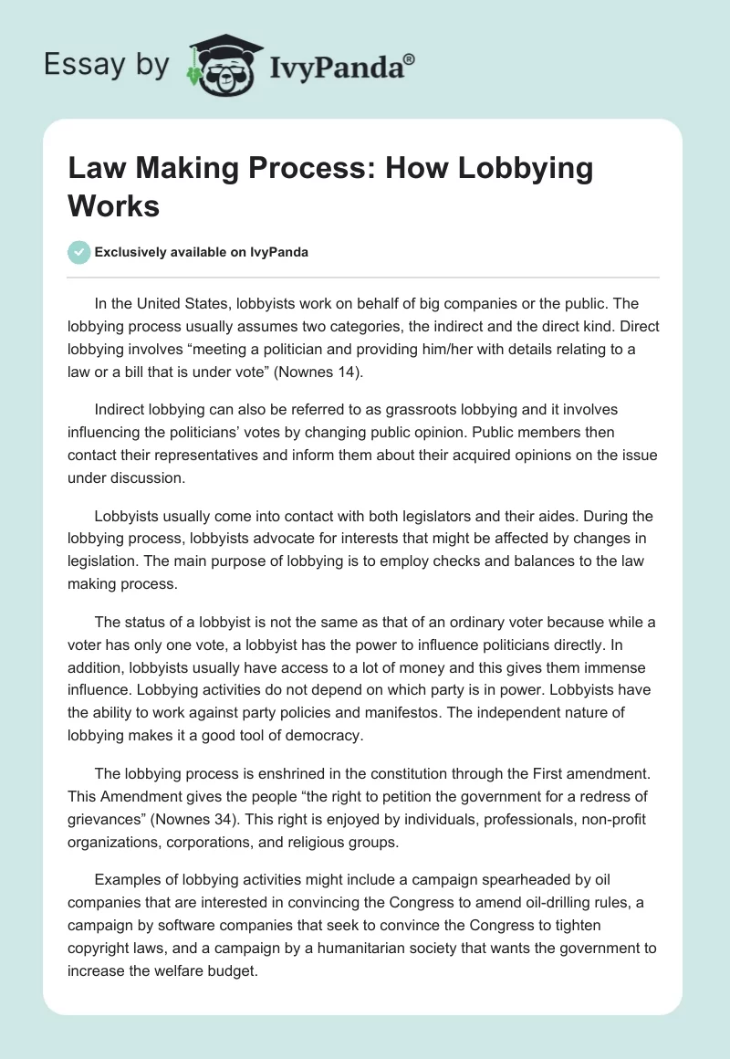 Law Making Process: How Lobbying Works. Page 1