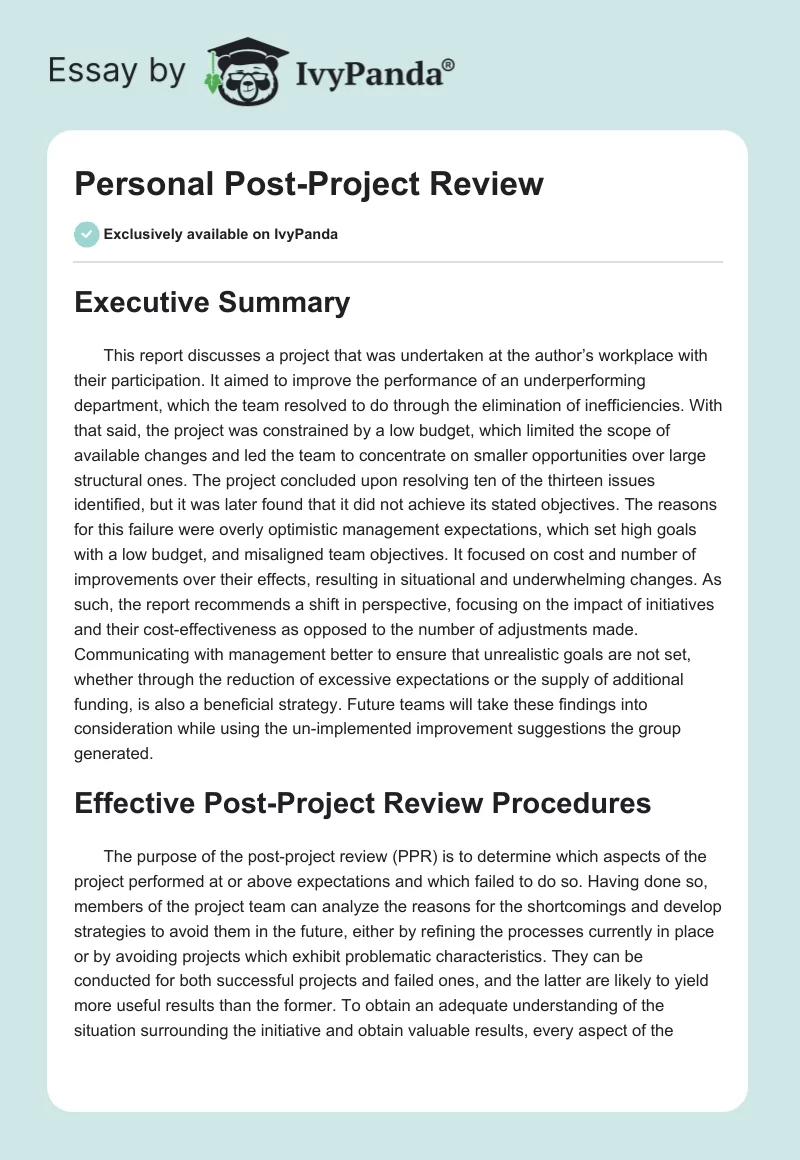 Personal Post-Project Review. Page 1