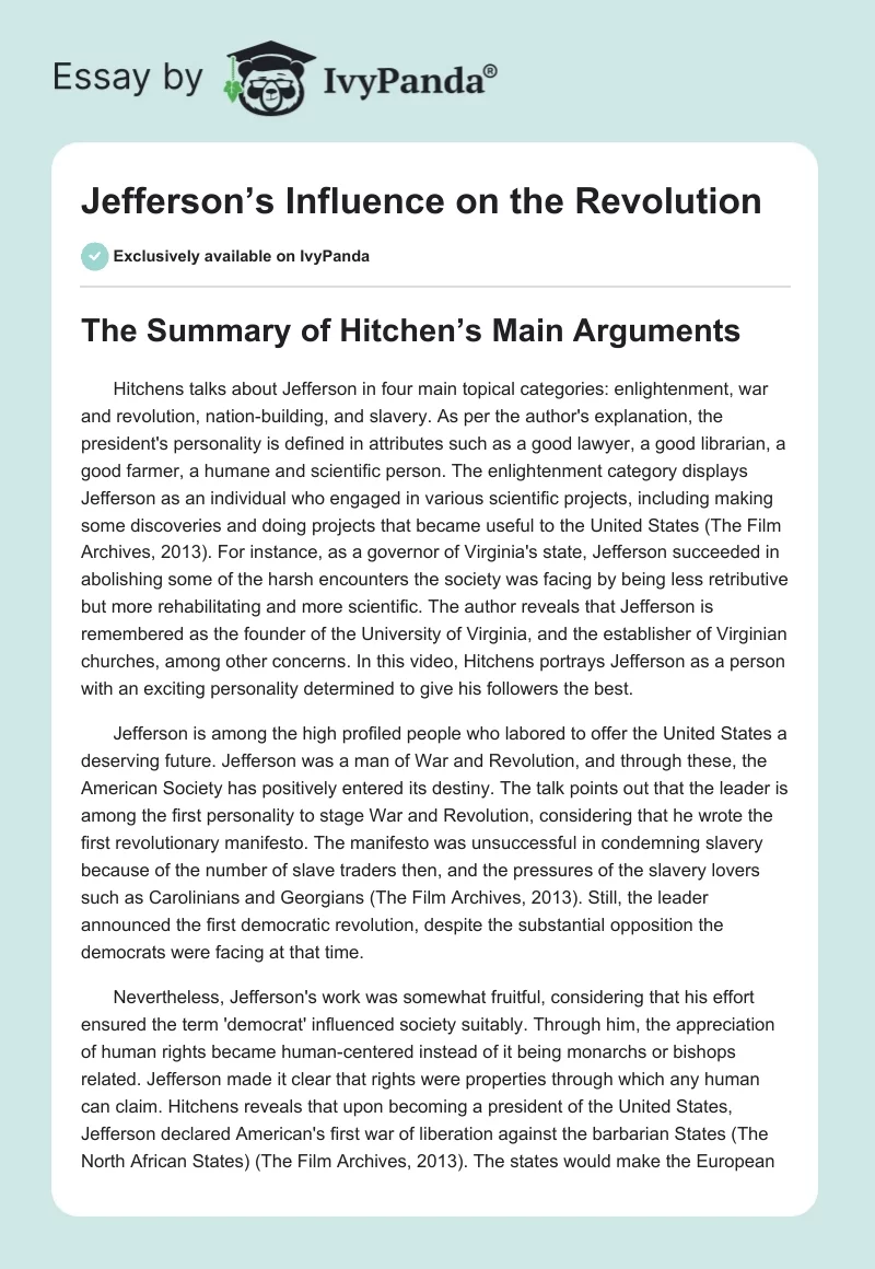 Jefferson’s Influence on the Revolution. Page 1
