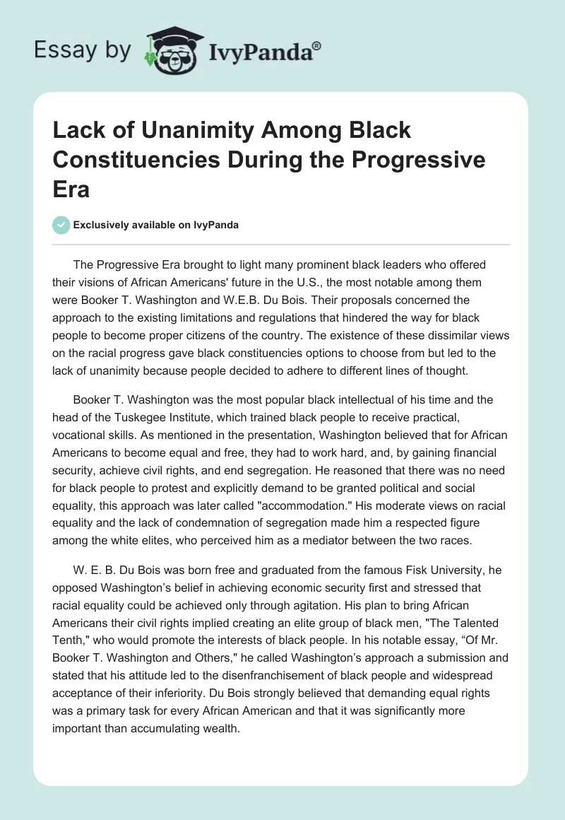 Lack of Unanimity Among Black Constituencies During the Progressive Era. Page 1
