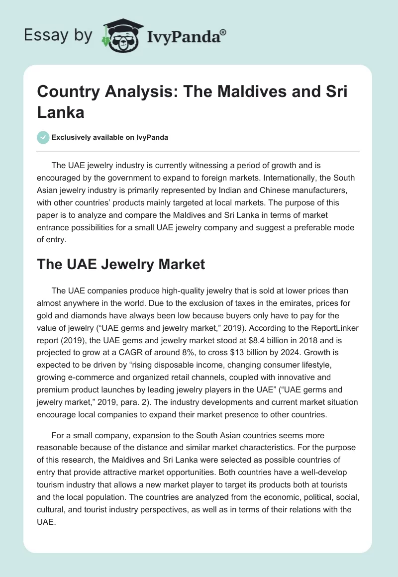 Country Analysis: The Maldives and Sri Lanka. Page 1