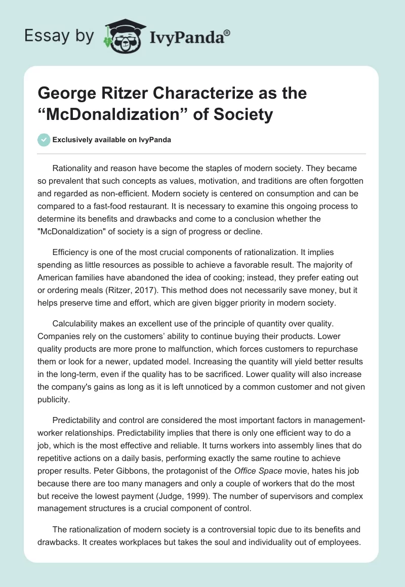 George Ritzer Characterize as the “McDonaldization” of Society. Page 1