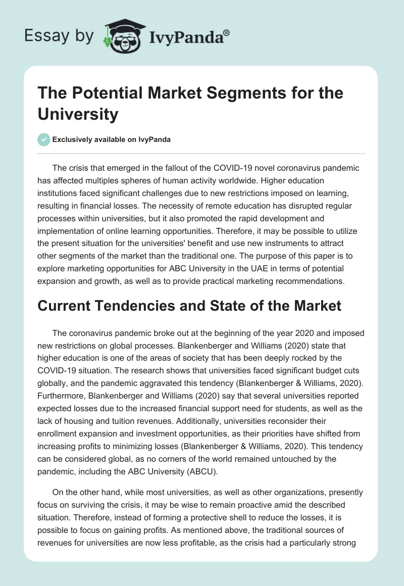 The Potential Market Segments for the University. Page 1