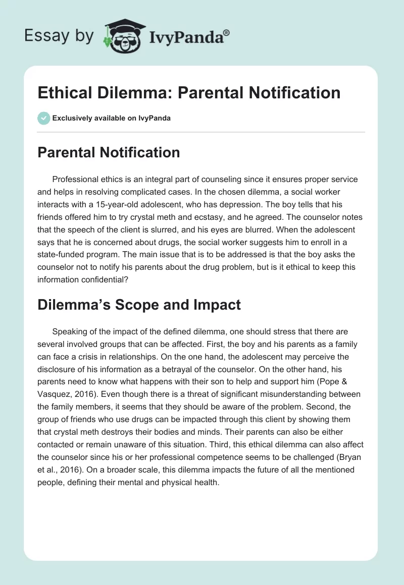 Ethical Dilemma: Parental Notification. Page 1