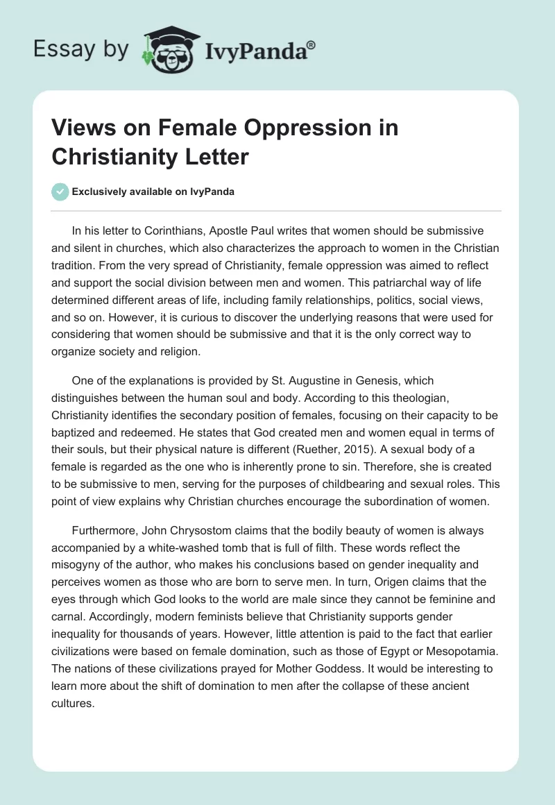 Views on Female Oppression in Christianity Letter. Page 1