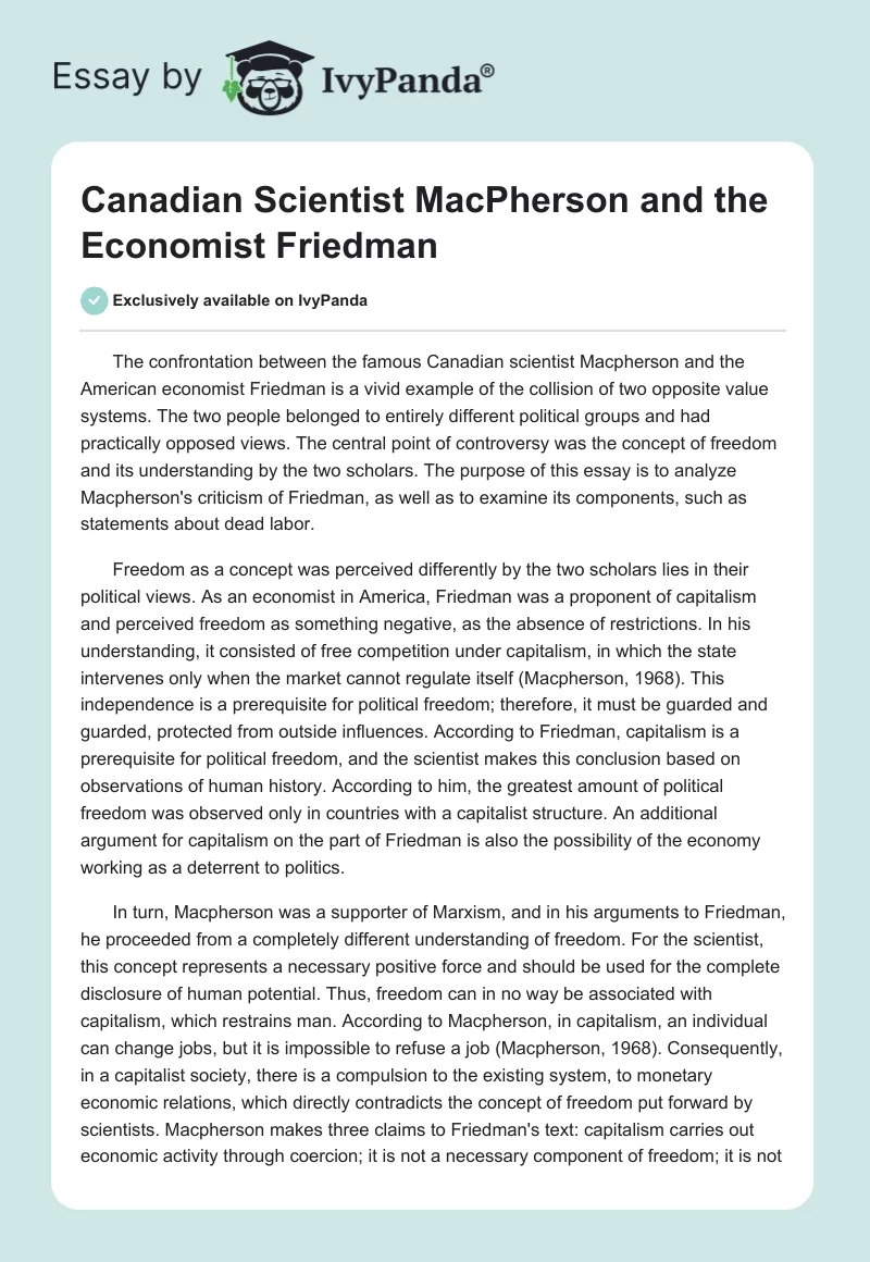 Canadian Scientist MacPherson and the Economist Friedman. Page 1