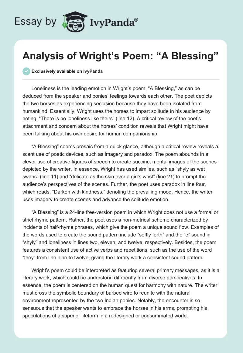 Analysis of Wright’s Poem: “A Blessing”. Page 1