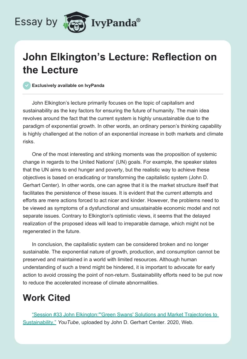 John Elkington’s Lecture: Reflection on the Lecture. Page 1