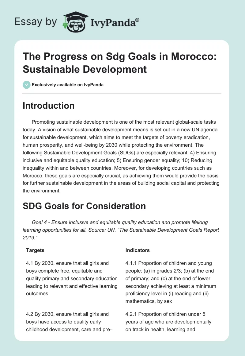 The Progress on Sdg Goals in Morocco: Sustainable Development. Page 1