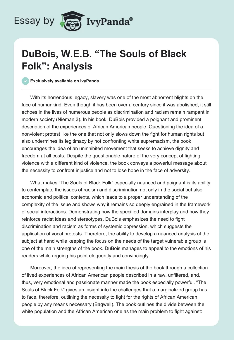 DuBois, W.E.B. “The Souls of Black Folk”: Analysis. Page 1